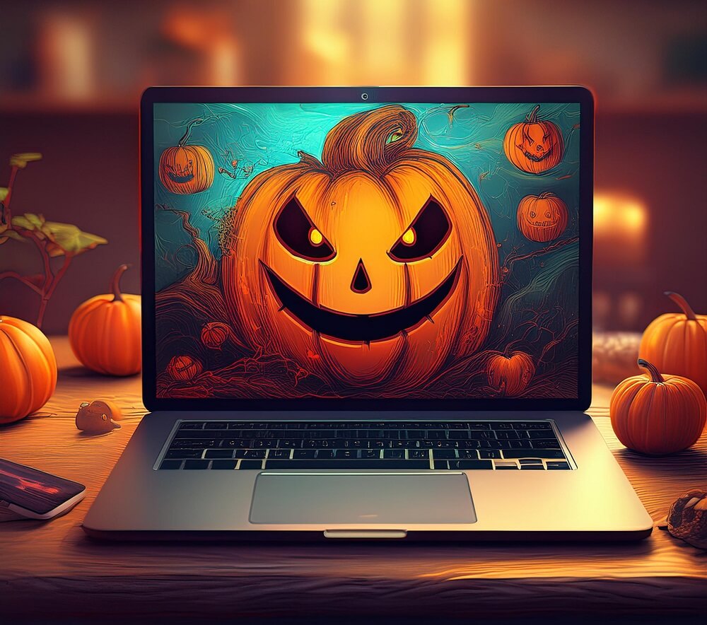 laptop on a table and smiled haloween pumpik