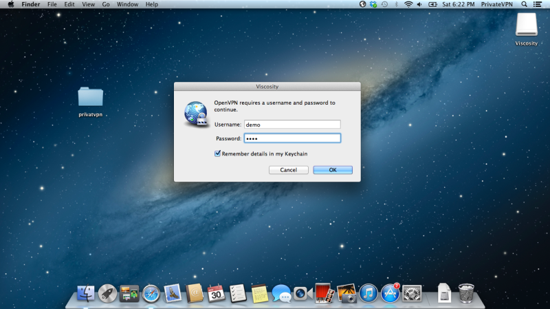Enter your user name and password for PrivateVPN on macOS