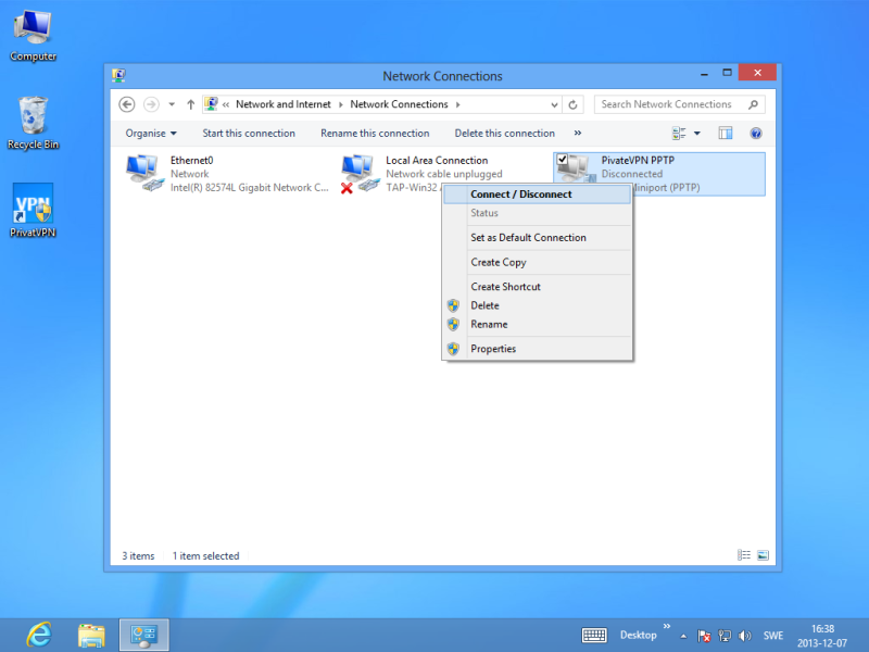 Right click on PrivateVPN PPTP on your Windows 8.1 device