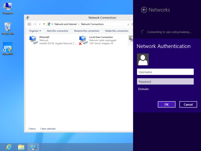 Enter your User name and Password for PrivateVPN on your Windows 8.1 device