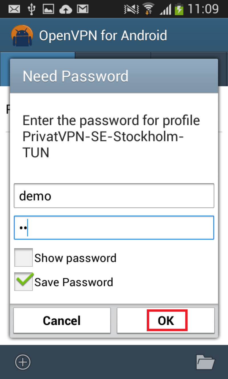 Enter you user and password for PrivateVPN