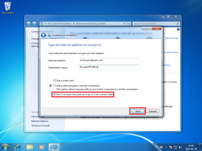 PrivateVPN IKEv2 connection settings on Windows 7