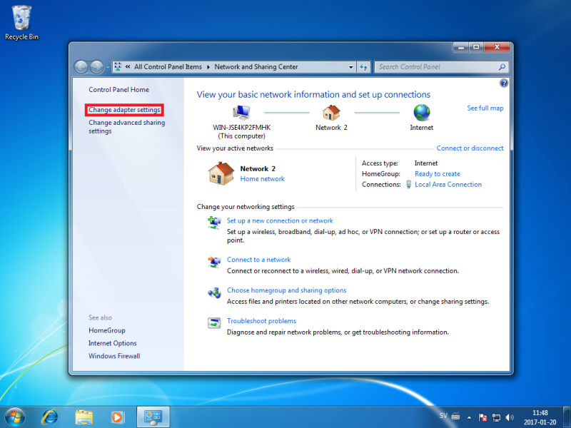 Adapter settings On Windows 7