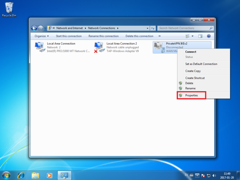 PrivateVPN IKEv2 Properties on Windows 7