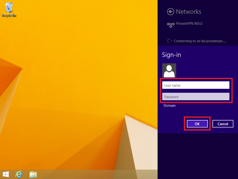 Enter your username and password for PrivateVPN on Windows 8.1