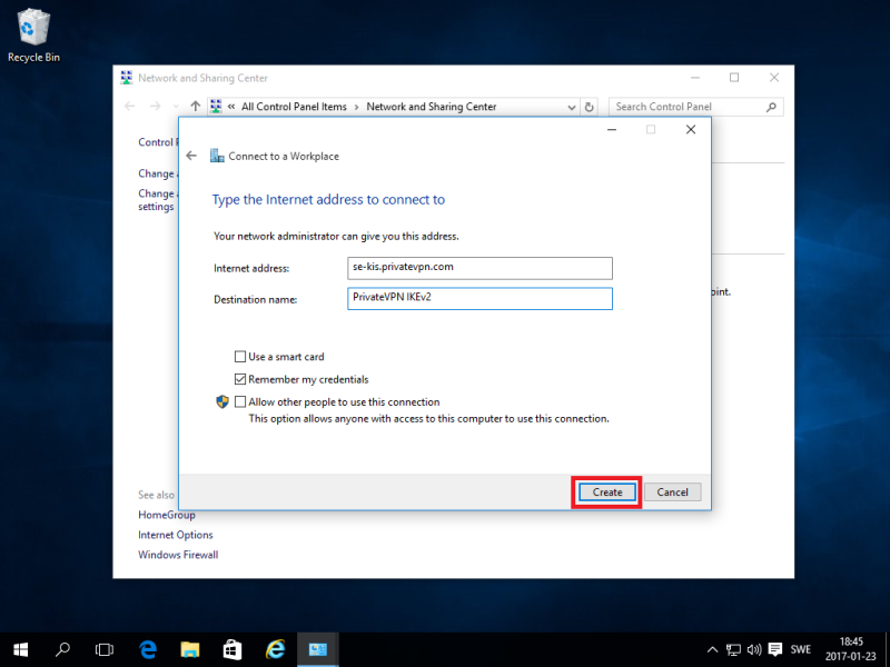 PrivateVPN IKEv2 connection settings on Windows 10