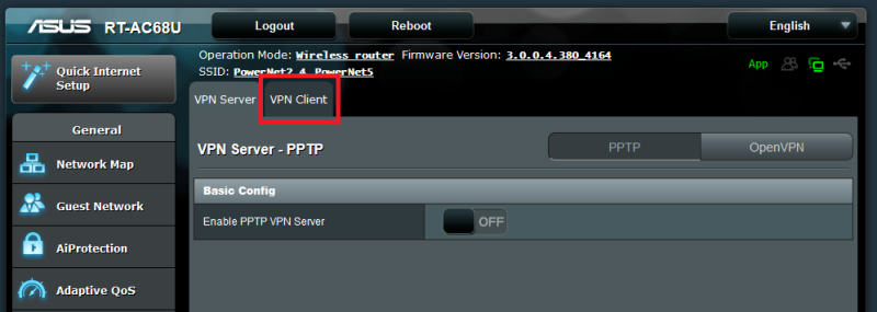 ASUS RT routers VPN Client Tab