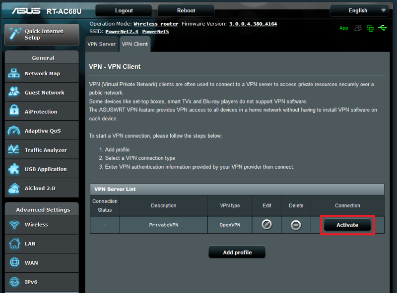 Click on Activate for connecting to our VPN service on ASUS RT routers