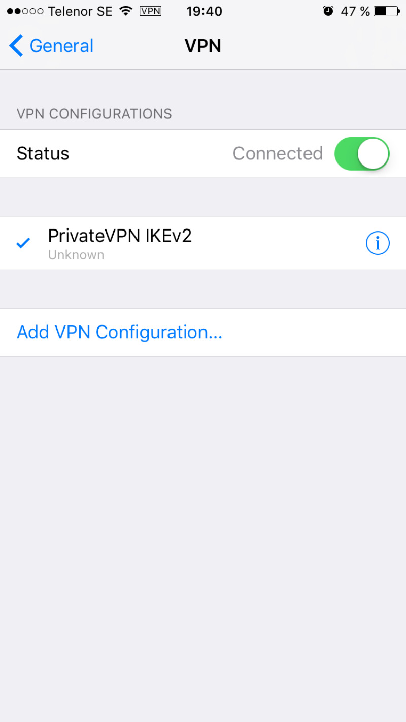 You are now connected to PrivateVPN IKEv2