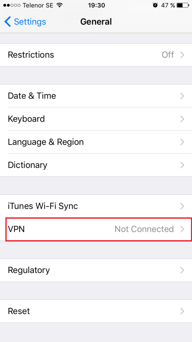 iOS General Settings VPN