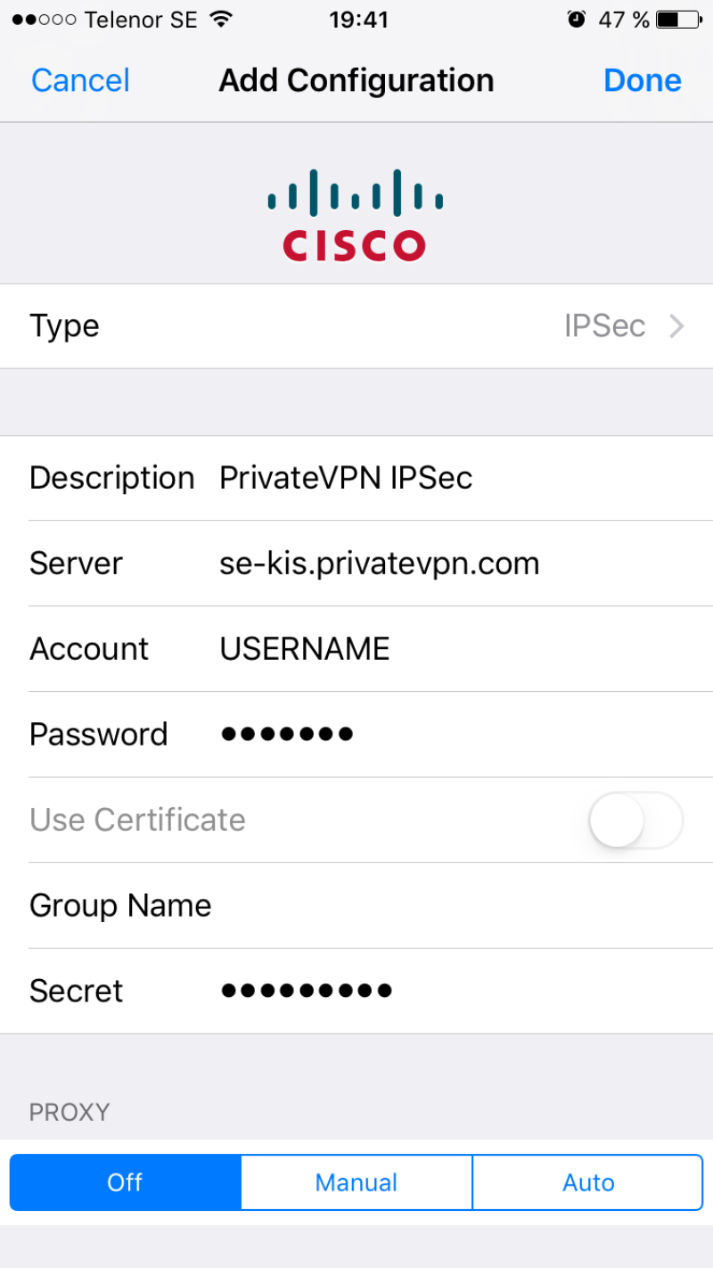 iOS Add VPN Configuration Settings