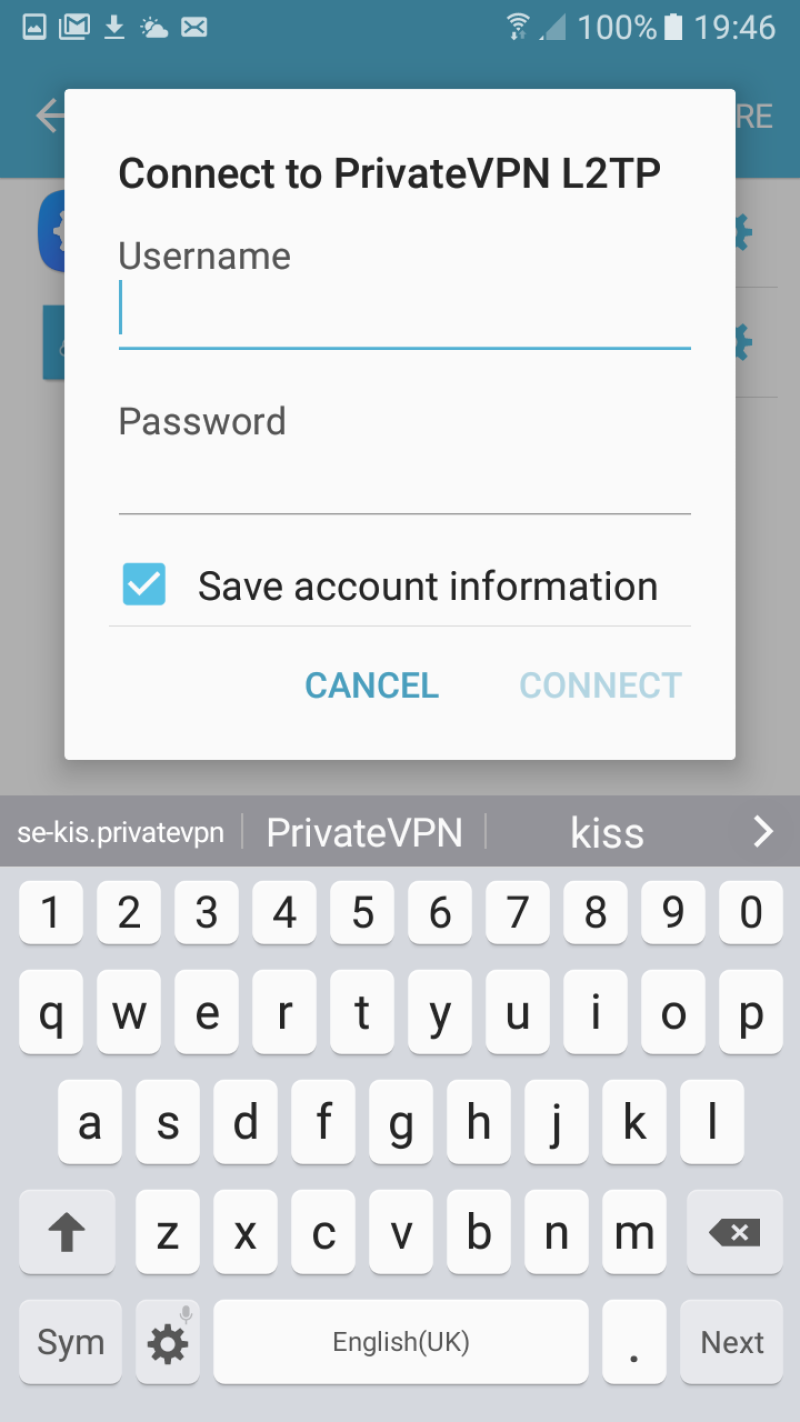 Enter your username and password for PrivateVPN on Android