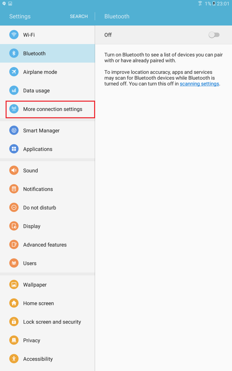 Galaxy Tab Device More connection settings