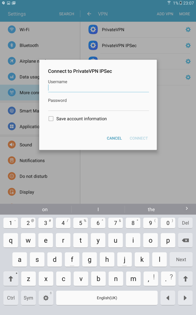 Galaxy Tab Connect to PrivateVPN IPSec