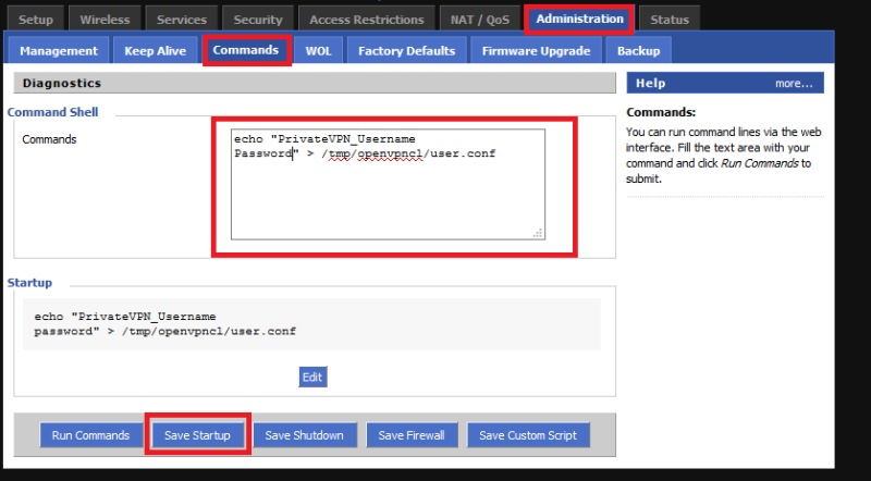 PrivateVPN Command Shell section