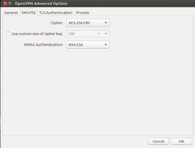 OpenVPN Advanced Options Screen